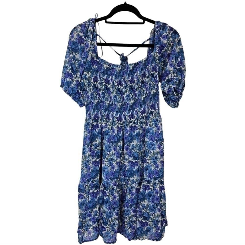 Lumiere Size Large Blue & Purple Floral Mini Dress with Statement Sleeves